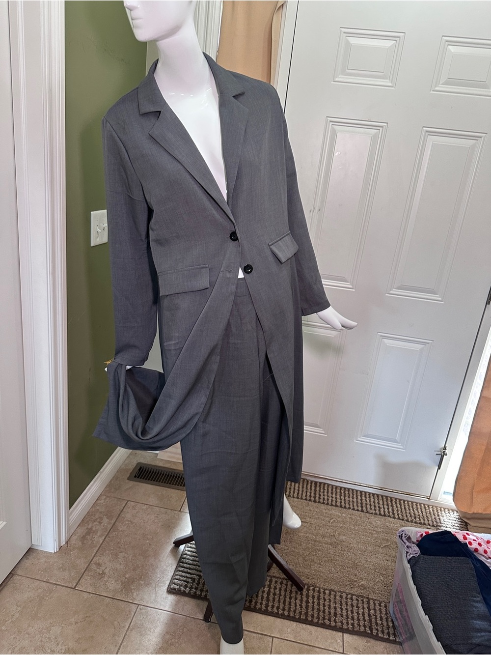 Gray Women's Long Blazer Coat - Classic Tailored Style with matching pants
